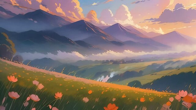 Colorful mountain landscape in anime style. High mountains and green fields. Bright animation with image transformations and metamorphose. AI generated video