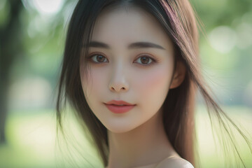 Fototapeta premium Cinematic portrait shot of a beautiful chinese girl in a park.