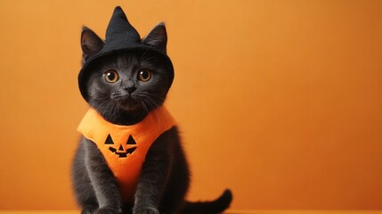 Cute Cat in Halloween Costume on Dark Orange Background