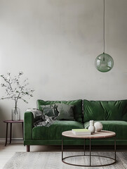 Home interior mock-up with green sofa, table and decor in living room, 3d render. Generative Ai.