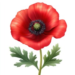 A vibrant red poppy flower with green leaves, showcasing natural beauty and detail.