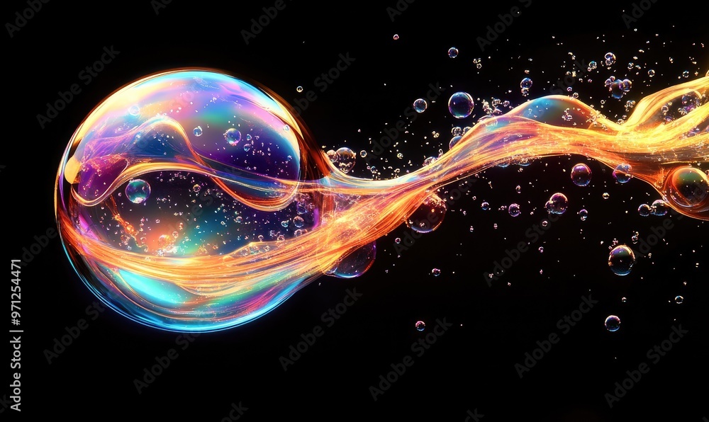 Poster a colorful bubble surrounded by flowing light and smaller bubbles on a dark background.