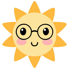 Cute suns, Sunshine emoji with round black glasses and blushing cheeks