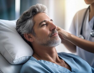 Fototapeta premium Patient receiving medical attention from a healthcare professional, symbolizing care, treatment, and healthcare services.