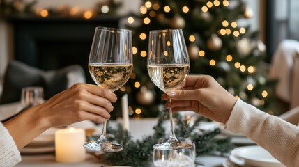 Two people toasting glasses of wine in front of a christmas tree