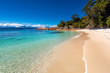 Obraz premium A secluded beach on Tasmaniaâ€™s east coast, with soft white sand and crystal-clear waters inviting a quiet afternoon of reflection