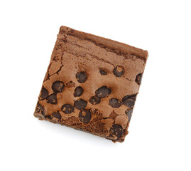 Sliced chocolate cake on white background