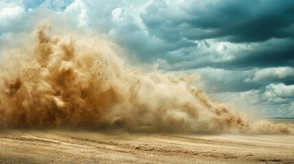 Dynamic cloud of dust and sand, capturing the intense motion and texture of a desert storm or a dirt road. Backgrounds depicting speed, movement of a vehicle stirring up the earth. Generative Ai