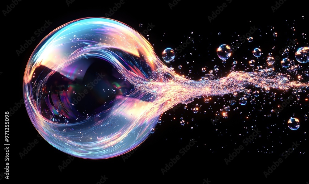 Poster a vibrant soap bubble with swirling colors and smaller bubbles, creating a dynamic effect.