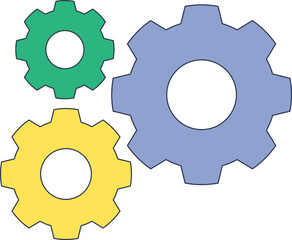 Three interlocking gears in green, blue, and yellow symbolizing teamwork and collaboration.