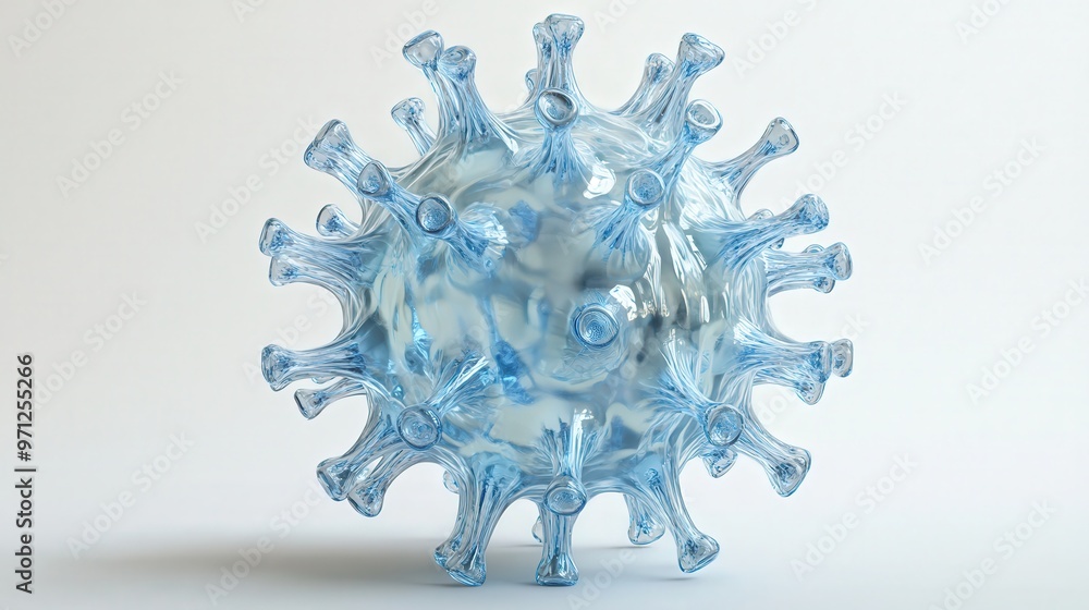 Poster detailed 3d rendering of transparent blue virus showing surface features and internal components wit