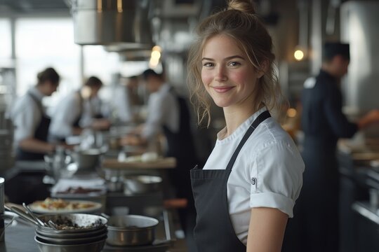 Young chef smiling in a bustling kitchen during lunch service while preparing gourmet dishes in a vibrant restaurant setting - Powered by Adobe