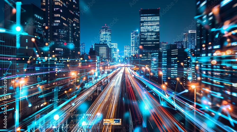 Poster a vibrant smart city with towering modern buildings linked by glowing digital pathways, representing