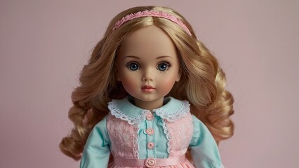 A delicately crafted doll with soft pink hair and a charming blue dress against a pastel background, showcasing detailed features and accessories