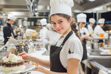 Young chef presents a decorated dessert in a bustling kitchen with fellow cooks during a culinary class
