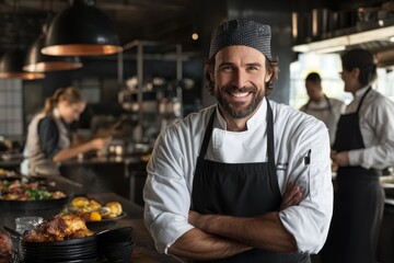 Chef smiles proudly in busy restaurant kitchen while preparing gourmet dishes during a dinner service in the evening