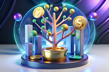 Fototapeta premium Abstract Glowing Financial Tree Concept: Digital Art Symbolizing Prosperity, Growth, Savings, and Spending with Bright Colors and Light Effects