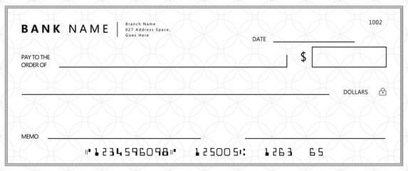 Empty money cheque. Bank check. check book template with pattern and blank fields. Currency payment coupon, US dollar check background