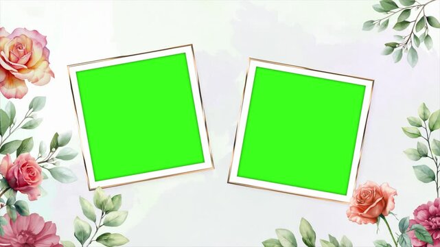 Wedding flower watercolor composition with polaroid template green screen, floral background seamless loop animation background