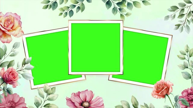 Wedding flower watercolor composition with polaroid template green screen, floral background seamless loop animation background