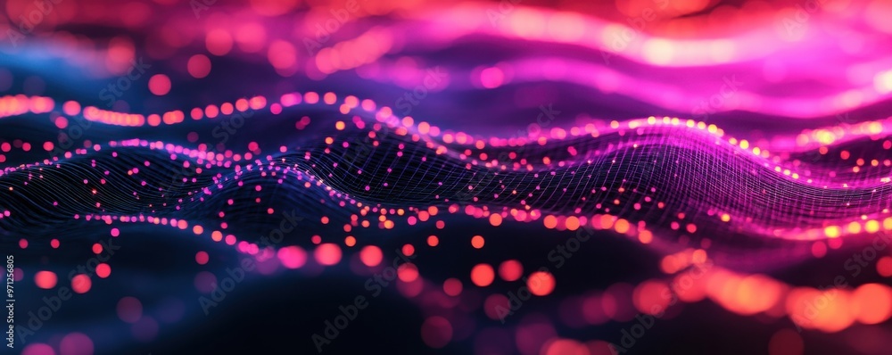 Poster vibrant abstract waves of light creating a mesmerizing blend of colors and patterns, perfect for tec