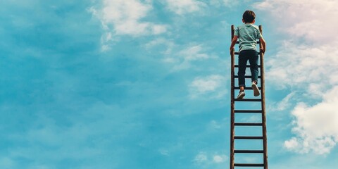 Person climbing a ladder into the sky, symbolizing the start of a new journey