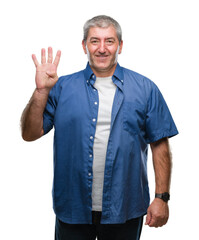 Handsome senior man over isolated background showing and pointing up with fingers number four while smiling confident and happy.