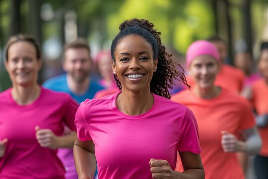 Smiling woman runs in a race wearing a bright pink shirt.