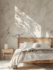 Modern bedroom interior mock up, wooden rattan bed on empty marble wall background, Scandinavian style, 3d render 3d render. Generative Ai.