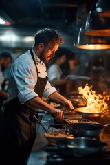A skilled chef cooks with passion in a lively kitchen filled with activity. The flames rise as fresh ingredients sizzle in pans, creating a vibrant atmosphere.