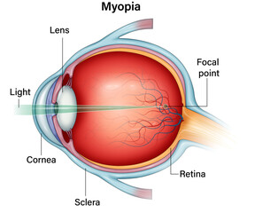 Vector Illustration of Myopia Pathology: Axial Lengthening, Retinal Detachment, and Optic
Nerve Head Changes with Detailed Labels and Anatomical Annotations