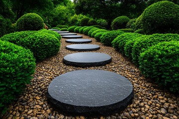 Obraz premium A springstone pathway leading through a Zen garden, with each stone carved to fit perfectly into the serene environment
