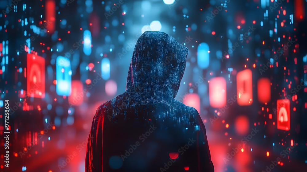 Poster hacker in a glowing blue hoodie with digital patterns in a cyber environment