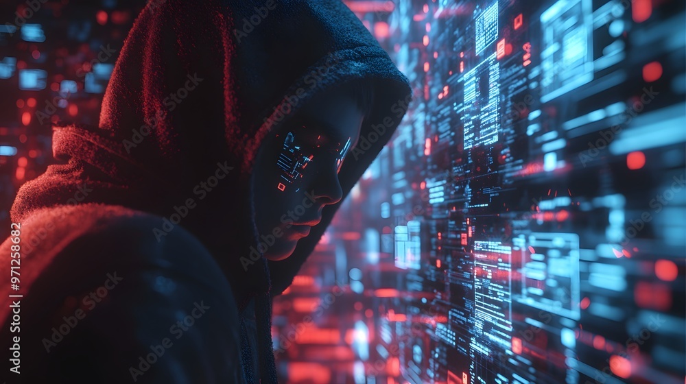 Poster hacker in a glowing hoodie with digital patterns in a cyber environment