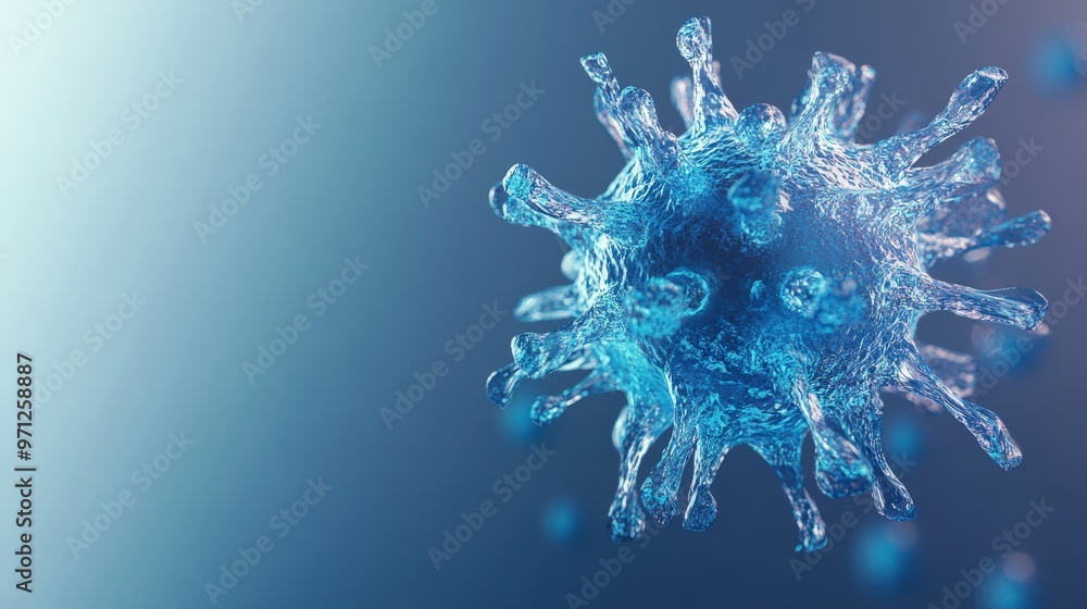 Poster detailed 3d rendering of glowing transparent blue virus with intricate surface details on minimalist