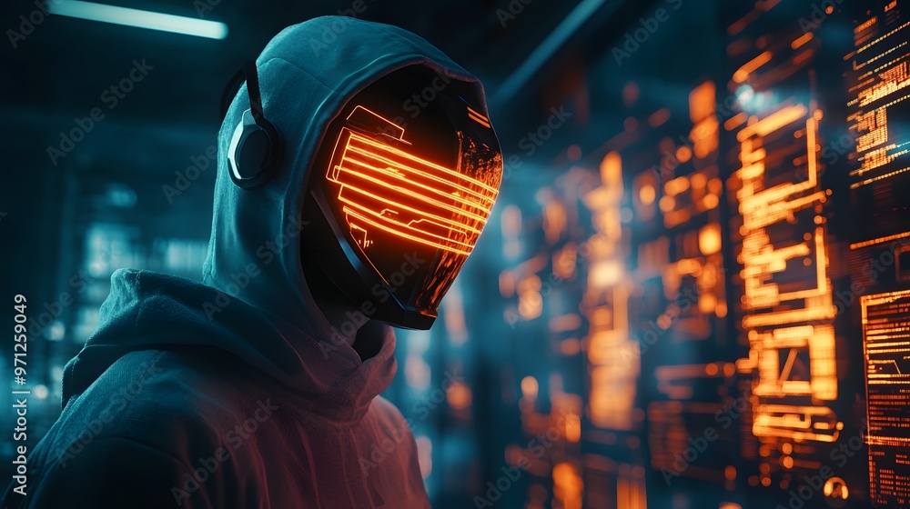 Poster futuristic hacker with orange visor mask standing in front of digital screens