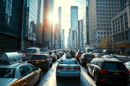 Vehicles are bumper-to-bumper in a bustling city center, Morning rush hour, Traffic jam
