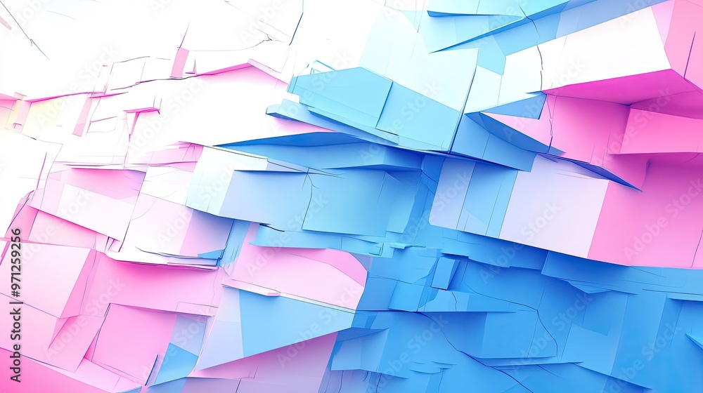 Poster abstract geometric shapes in pink and blue tones create a dynamic visual texture.