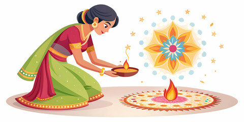 Flat Vector Illustration of a Woman Making an Offering at a Cultural Festival with Sparklers and Rangoli, Capturing the Moment's Solemnity and Reverence