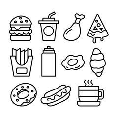 Fast food icon set, burger pizza black and white icon '
