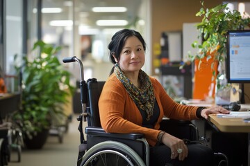 Inclusive Work Environment Excellence Showcasing a fully accessible workplace where a professional in a wheelchair performs her role with competence, highlighting inclusivity at its best.
