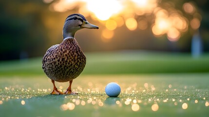 Curious Duck Waddling After Golf Ball on Dew-Covered Course at Sunrise