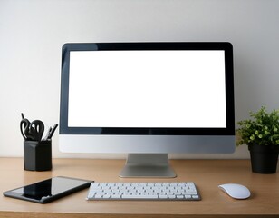 Fototapeta premium Desktop computer setup, including accessories like keyboard and mouse, representing office work, productivity, and tech.