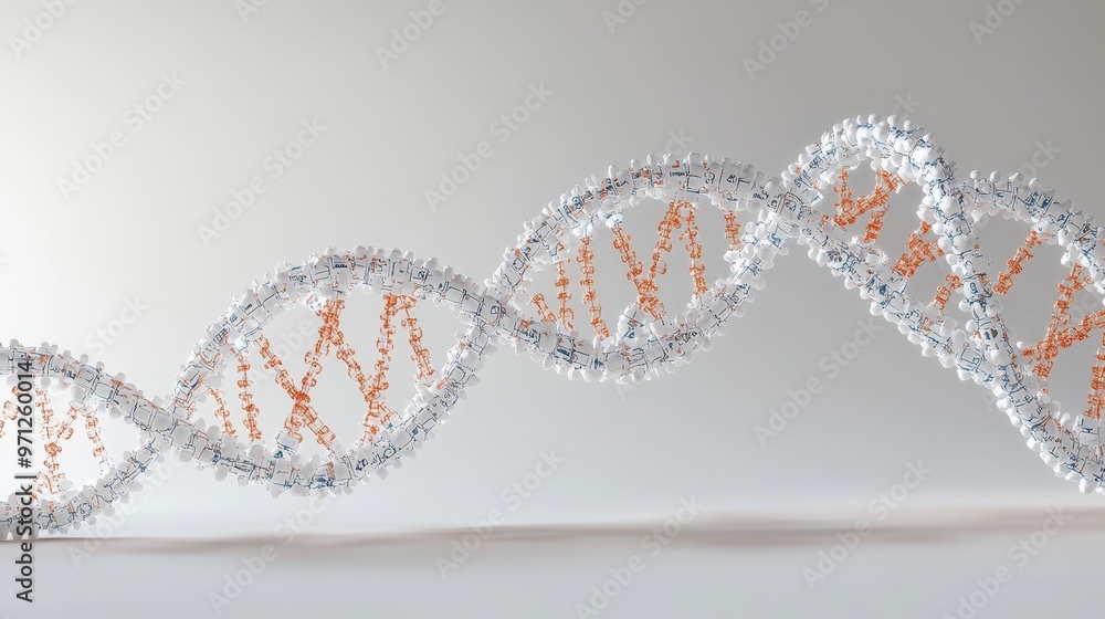 Poster detailed 3d rendering of dna double helix with educational annotations on neutral background