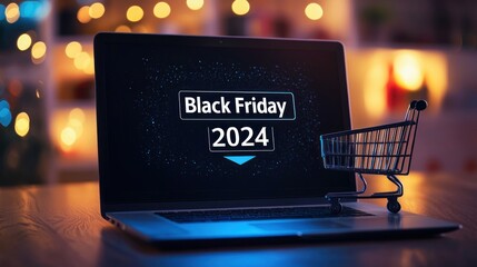 Laptop with "Black Friday 2024" text on the screen and an arrow pointing to a shopping cart icon, symbolizing online marketing for Black Friday sales.