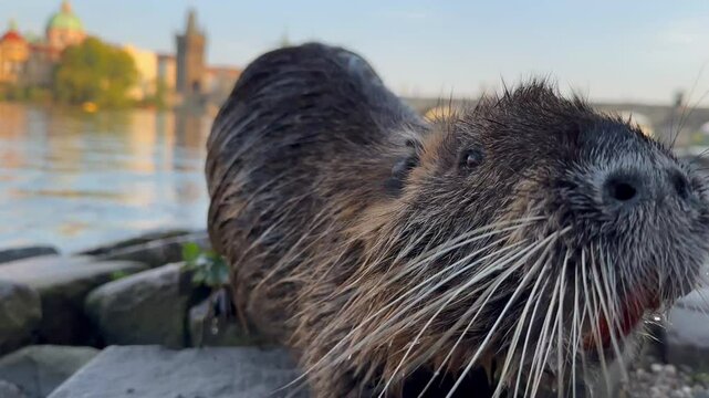 Nutria or Coypu with Prague Architecture Background. Myocastor Coypus is a Herbivorous, Semiaquatic Rodent. Wild Animal near Vltava River and Charles Bridge in Czech Republic.
