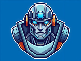 A futuristic robot head logo with glowing eyes, representing artificial intelligence