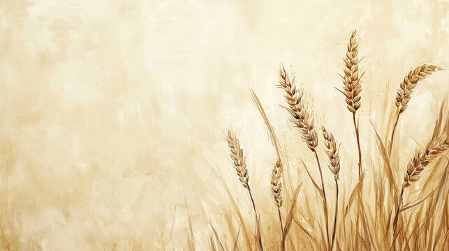 illustration of the parable of the weeds: wheat and weeds in a field growing together until harvest, beige background, copyspace