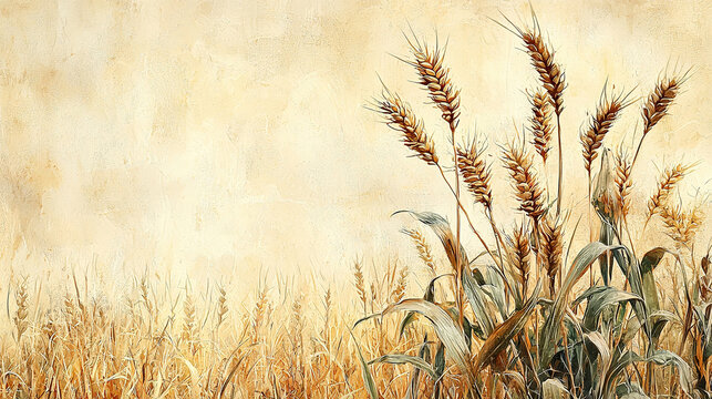 illustration of the parable of the weeds: wheat and weeds in a field growing together until harvest, beige background, copyspace