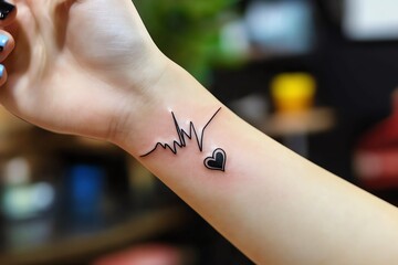 A tattoo of a heartbeat line, extending across the chest or wrist, ending with a small heart or initials